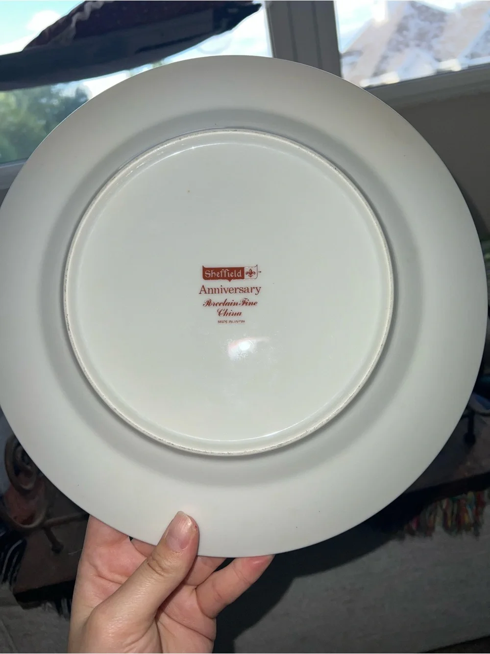 Floral Rim Porcelain Dinner Plate - White with Red Flower Pattern **Small chip**